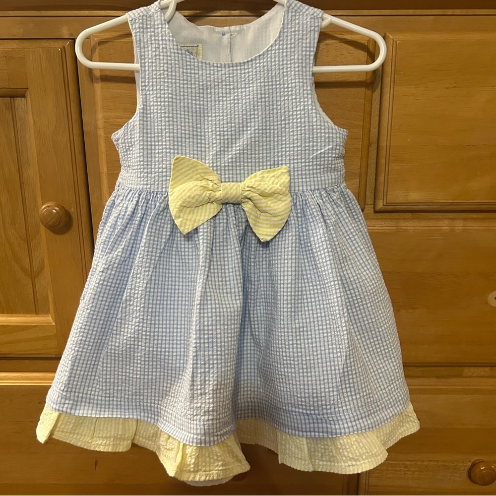 Marmellata Girl’s Blue & White Seersucker Dress w/Yellow & White Ruffle Size 18M